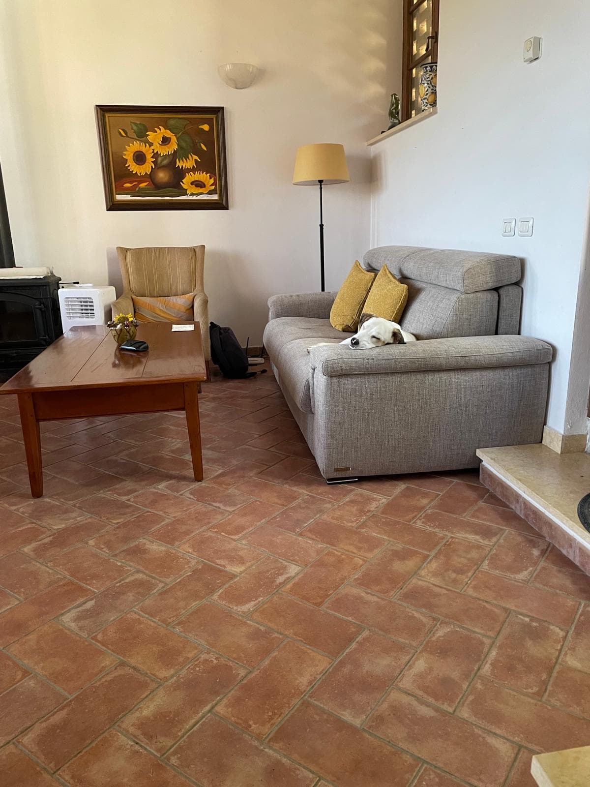 Living room with sofa, terracotta floor and wood-burning stove